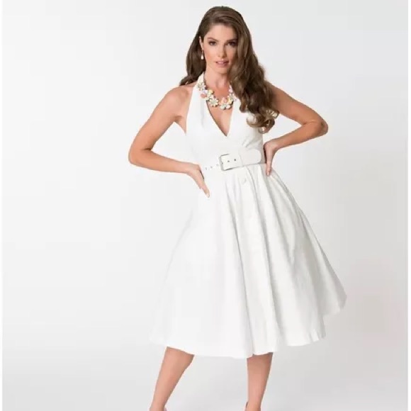 Exclusive: Janie Bryant For Unique Vintage White Halter Tarrytown Hostess Dress - Picture 1 of 3